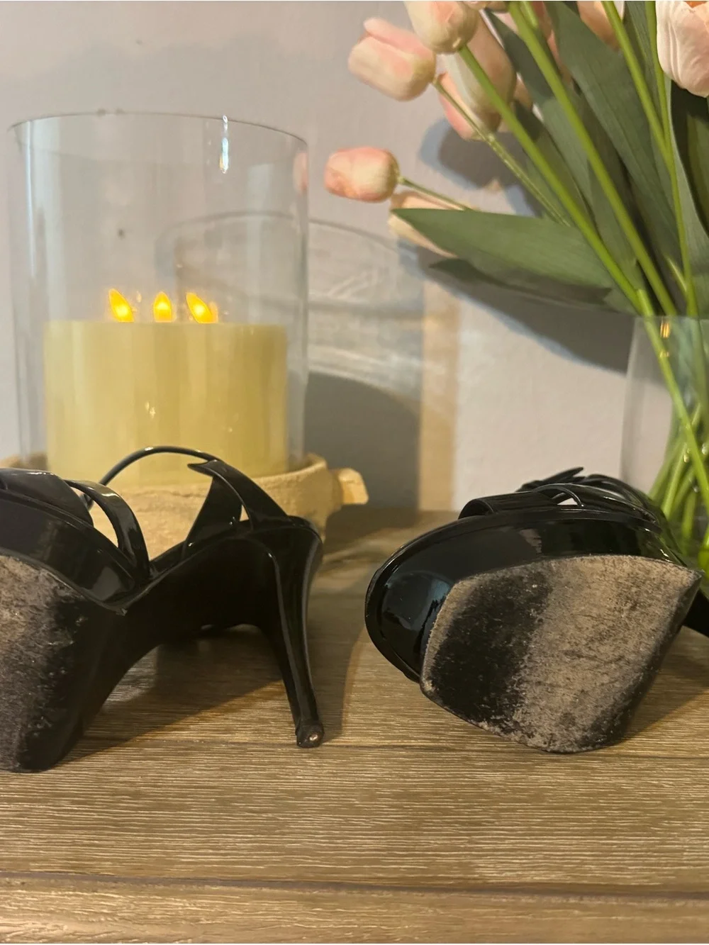 Yves Saint Laurent Black Patent Platform T-Strap Sandals